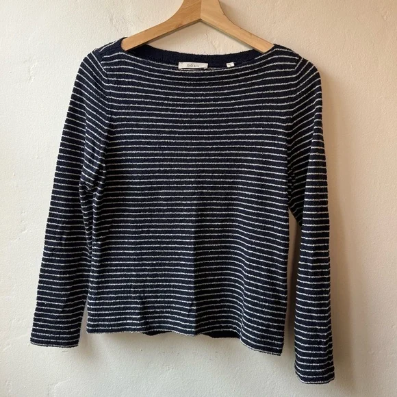 Doen, Boatneck Long Sleeve Top, Navy and White Striped, Small - Picture 1 of 6